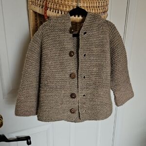 Cozy Wool Knit Kids Jacket W Hood And Flower Buttons - Brown Marl